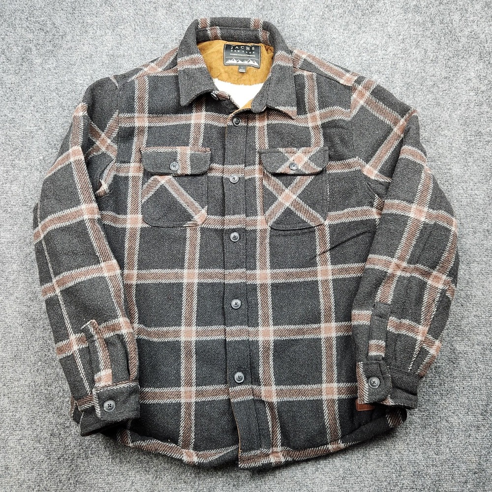 JACHS New York Jacket Mens Large Gray Plaid Sherpa Lined Flannel Puffer Workwear